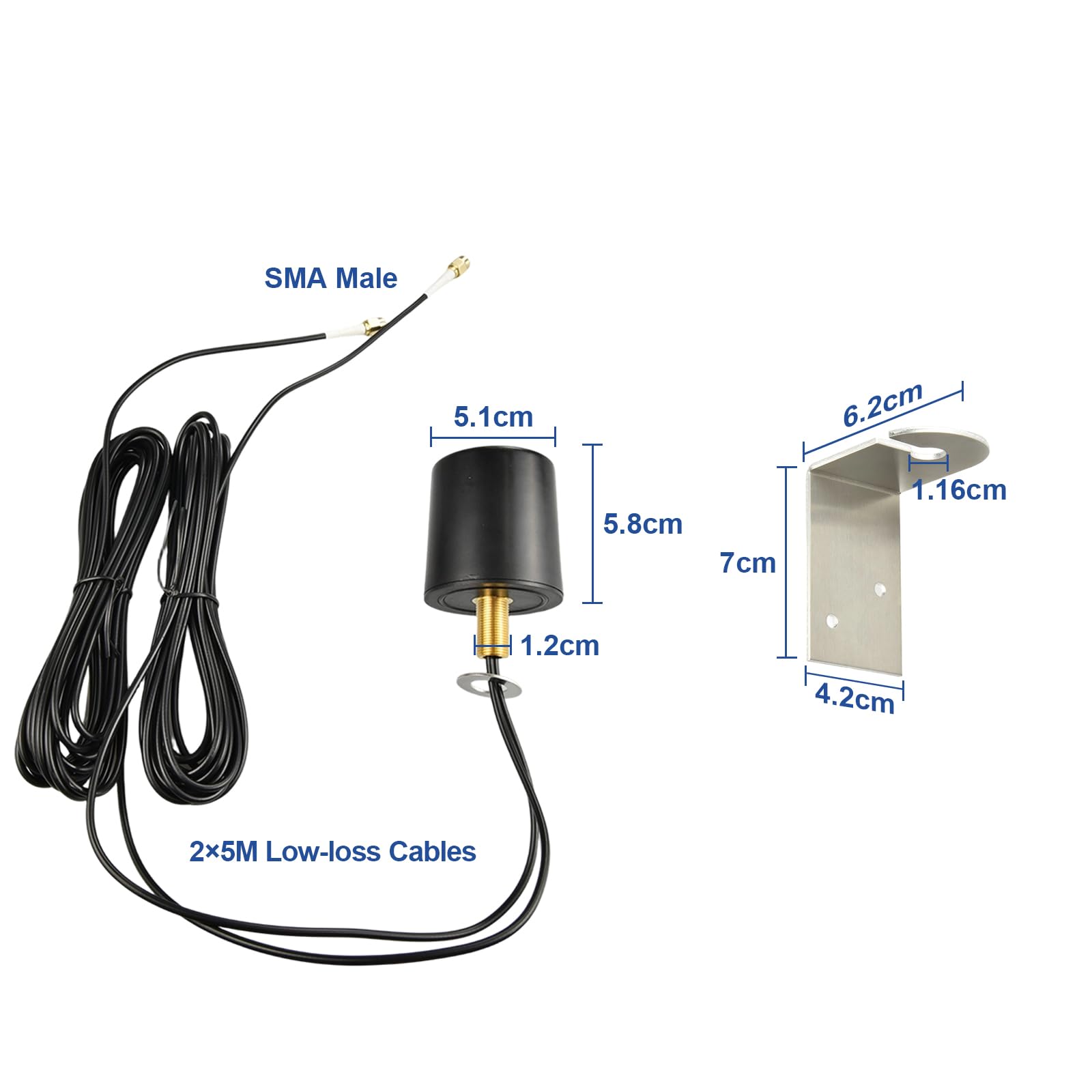 Antena exterior 4G 5G LTE de 600 – 6000 MHz MIMO 5G LTE antena externa omnidireccional 5 dBi con conector SMA dual de 5 m de baja pérdida BMR100 cable coaxial para enrutadores 4G/5G, WiFi, IoT