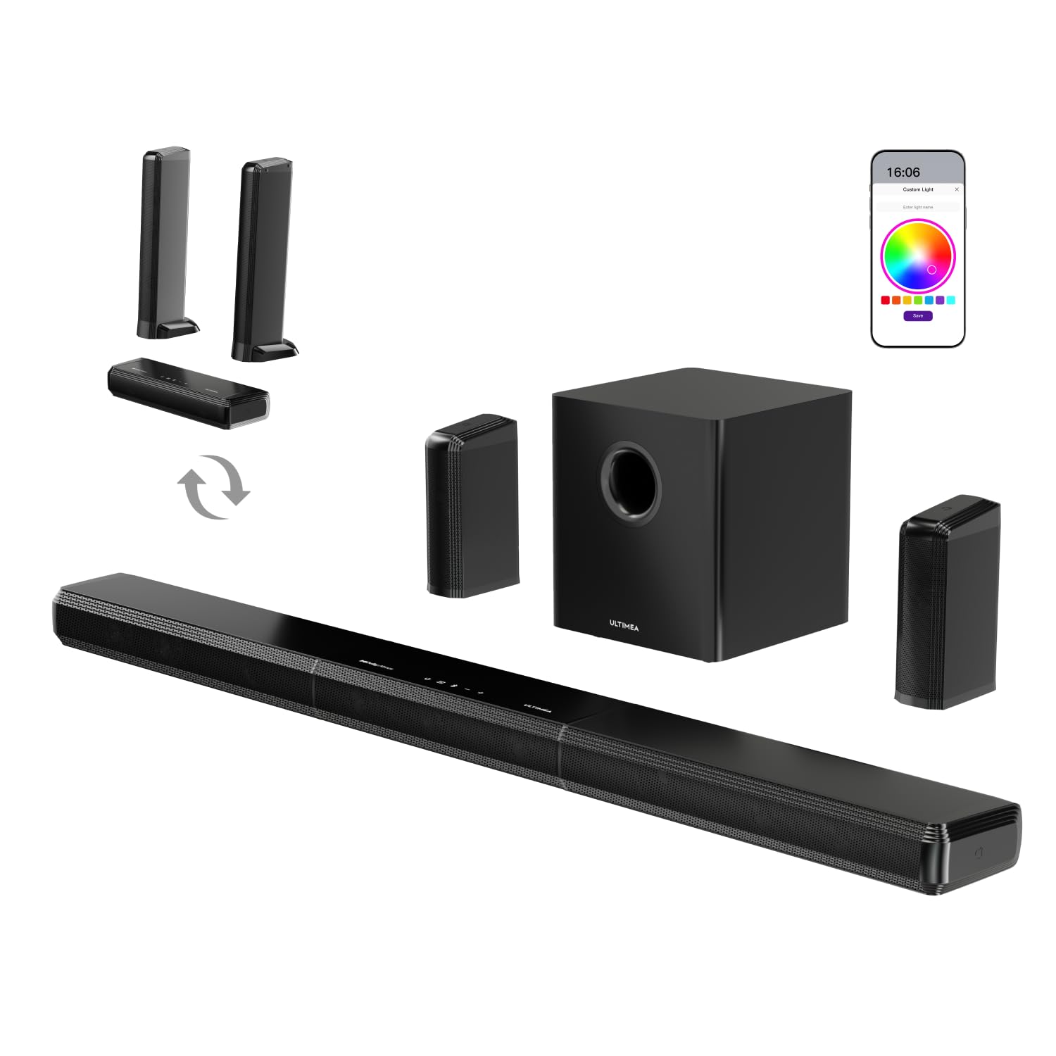 ULTIMEA System dźwięku przestrzennego 9,1 ch do telewizora z 2 głośnikami tylnymi, odłączany soundbar z subwooferem, soundbar RGB, maksymalna moc 470 W, 6,5-calowy subwoofer, HDMI/OPT/AUX/BT, Apollo