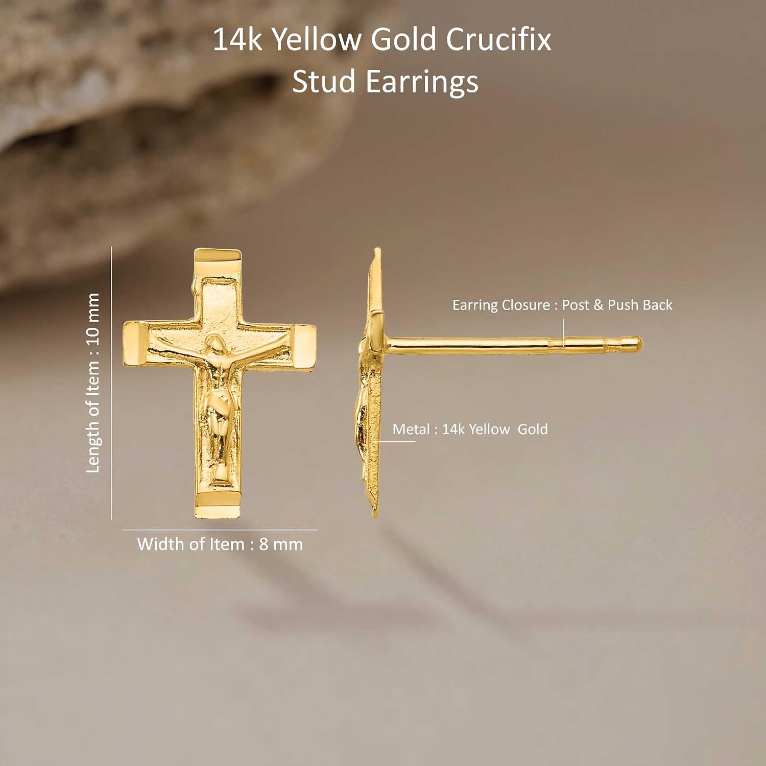 Diamond2Deal 14k Yellow Gold Crucifix Stud Earrings (L-10 mm W-8 mm)