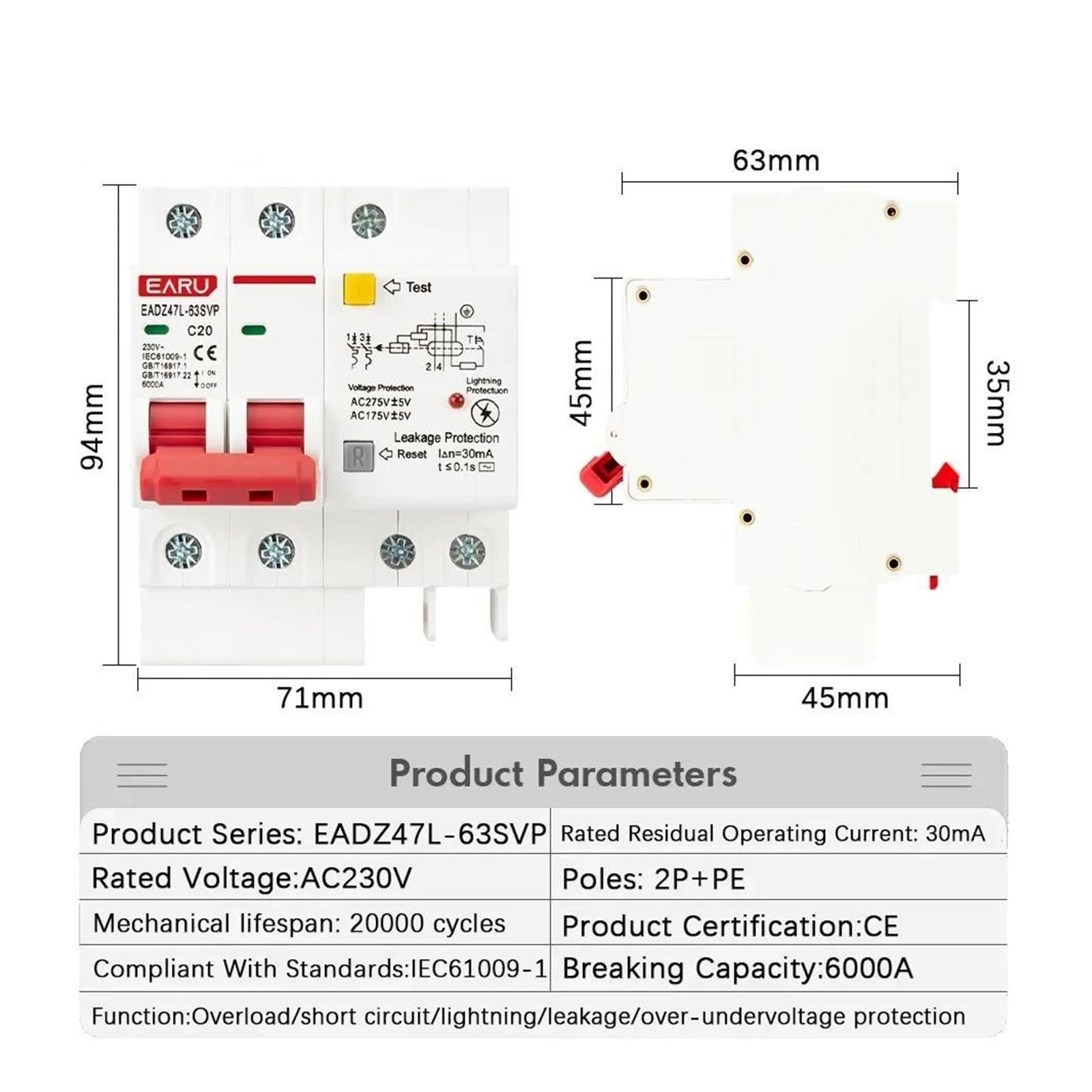 Interruttore differenziale SPD 230V 2P con protezione da sovraccarico, sovratensione, RCBO, RCCB con protezione contro i fulmini, protettore dalle perdite MCB(100A)