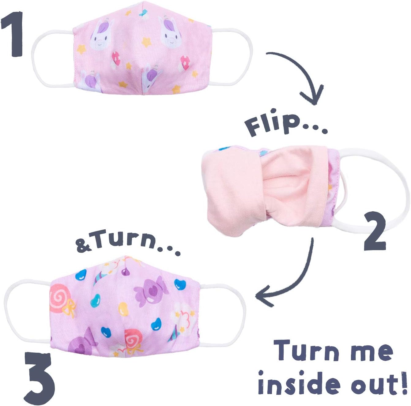 Reversible Children's Face Mask with Double Sided Reversible Designs that FLIP! Reusable and Washable Children's Face Mask great for Holidays, School Supplies, Uki the Unicorn Mask Design by Cubcoats