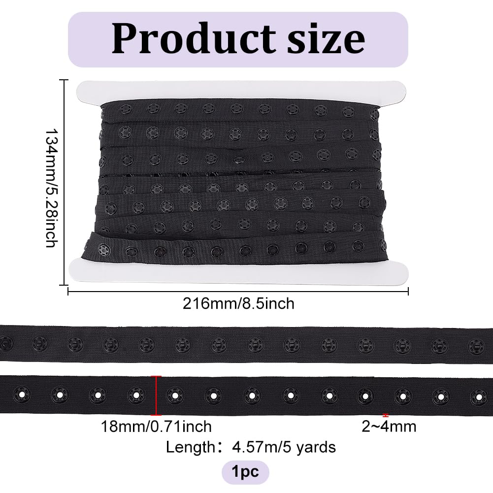 BENECREAT 5 Yards Snap Button Tape, 0.7inch Wide Black Sewing Snap Fastener Tape Trim Press Button Tape with Plastic Buttons for Sewing DIY Accessories Clothes Fastener