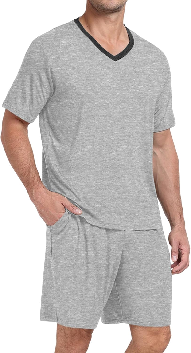 PrinStory Men's Pajama Set Sleepwear Pjs Lightweight Quick Dry Short Sleeve V-Neck Shirts and Shorts Soft Comfy Sleep Sets - Image 2