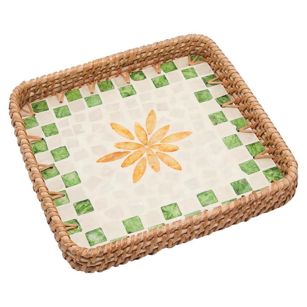 IJSDNVJNDX Decorative Rattan Serving Tray with Mother of Pearl Inlay, Handmade Square Woven Storage Basket