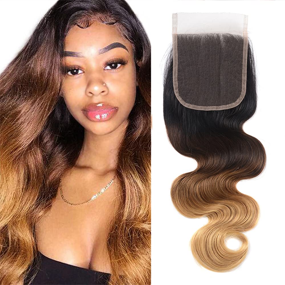 Lace Closure 4X4 Human Hair 1B 4 27 Ombre Closure For Women Body Wave Transparent Lace Next Day Delivery Black To Brown To Honey Blonde 3 Tone Human