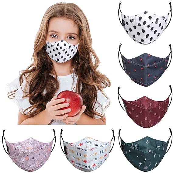 KAPIDA Size 2 to 7 Year Old Children Mask for Girls Boys Kids Mask Gift Washable & Reusable Adjustable Ear Loops and Ear Saver Strap ( Mask Type :- 3D )( Fabrics :- Cotton ) (Pack of :- 6 )