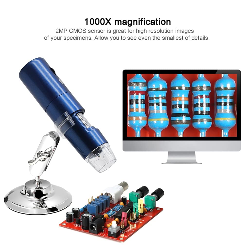 Microscopio Digital con Zoom, Lupa Led Portátil De 1000 Aumentos, Microscopio Recargable para Teléfono Y Tableta.,Blue