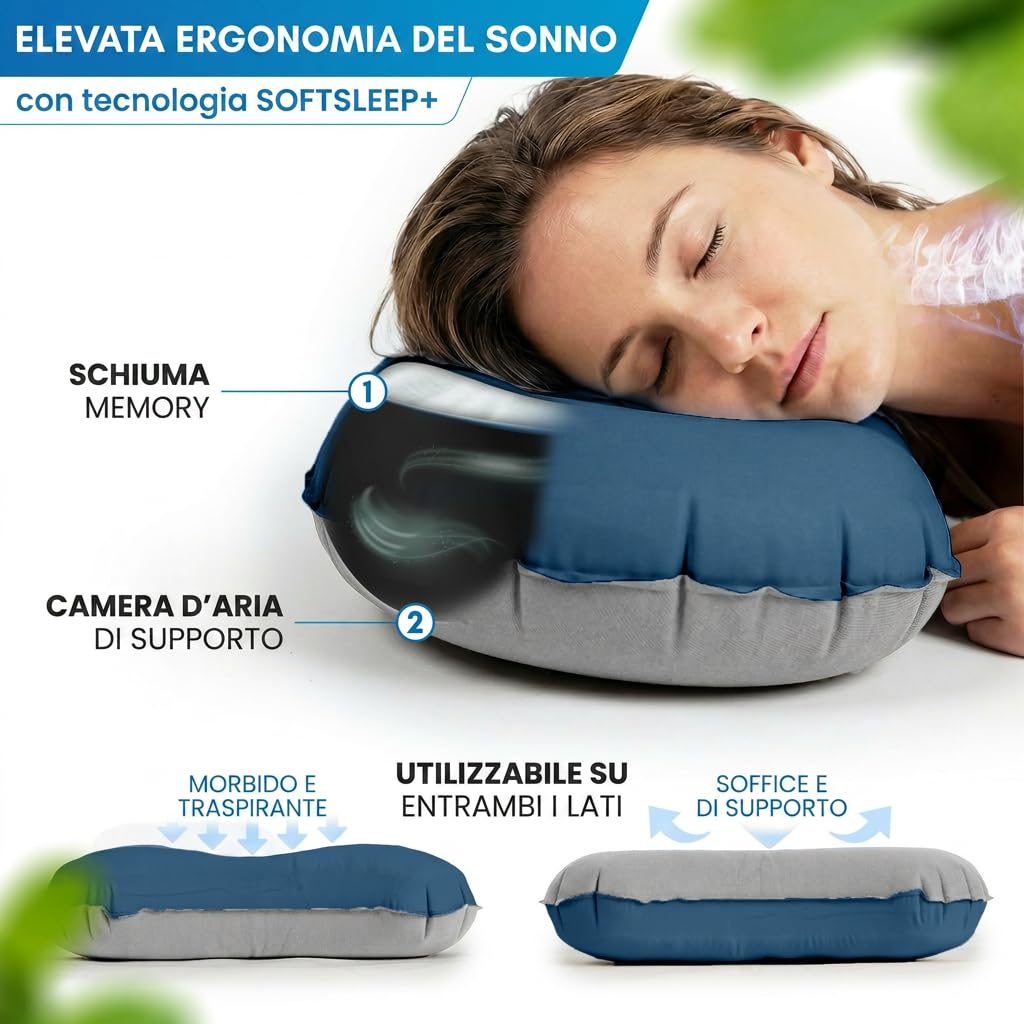 NORDMUT® Cuscino da Camping Gonfiabile [SoftSleep+] confortevole ultraleggero-piccolo ingombro – cuscino da viaggio gonfiabile con federa lavabile (Blu)