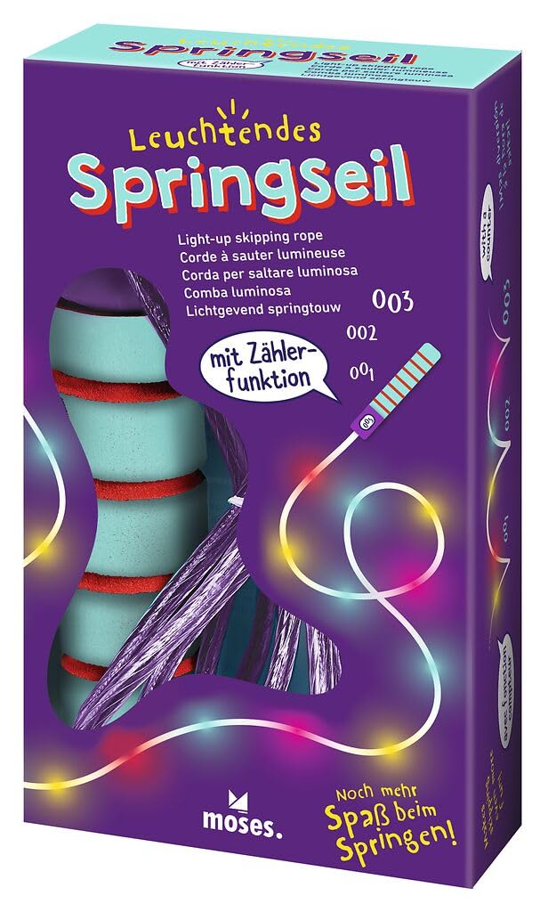 moses. 38137 świecąca, regulowana skakanka z diodami LED, skakanka z 3 różnymi trybami świecenia i licznikiem, kolorowa