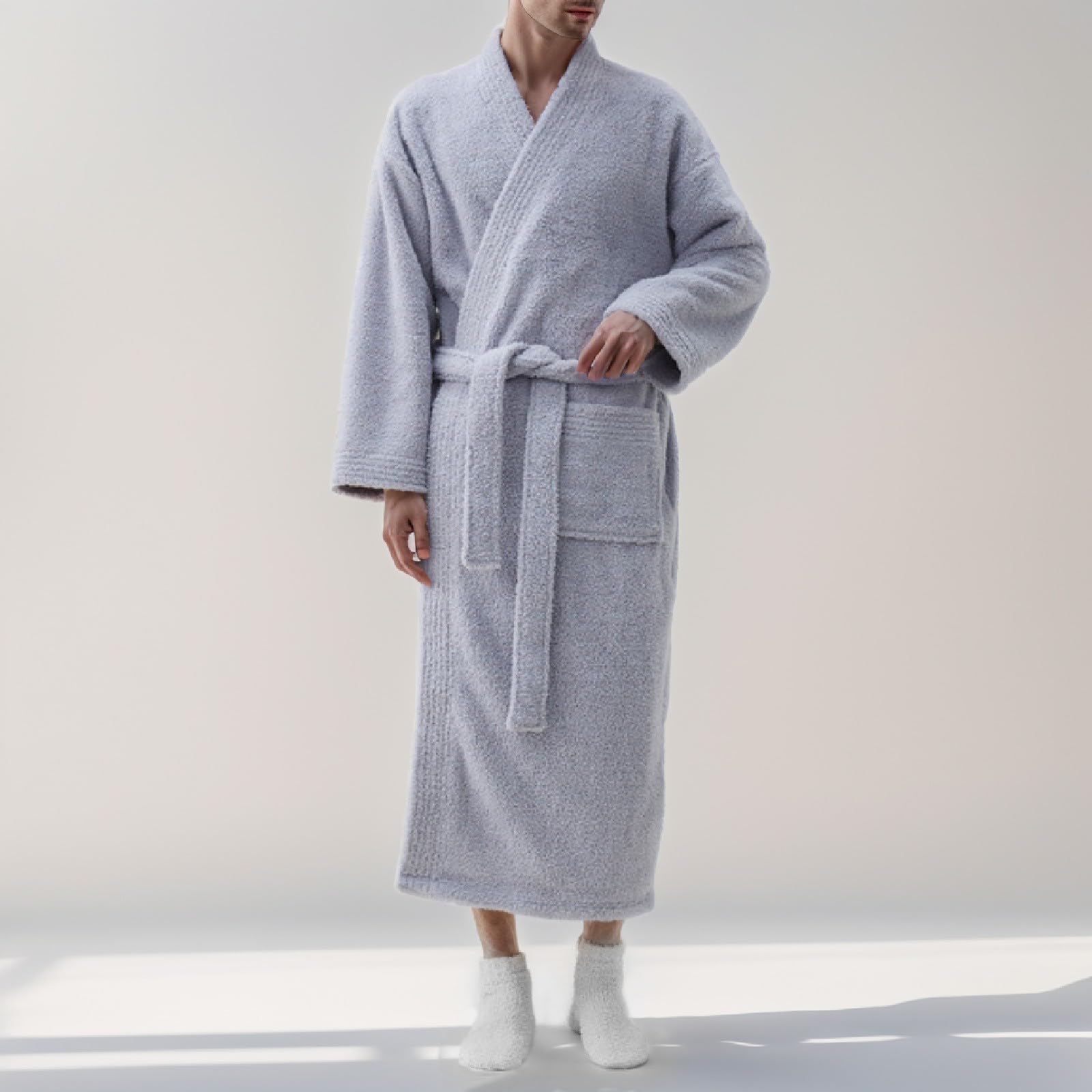 ch Vestaglia da uomo in cotone soffice senza cappuccio, grandi dimensioni, vestaglia da sauna, leggero, caldo, lungo, accappatoio sottile