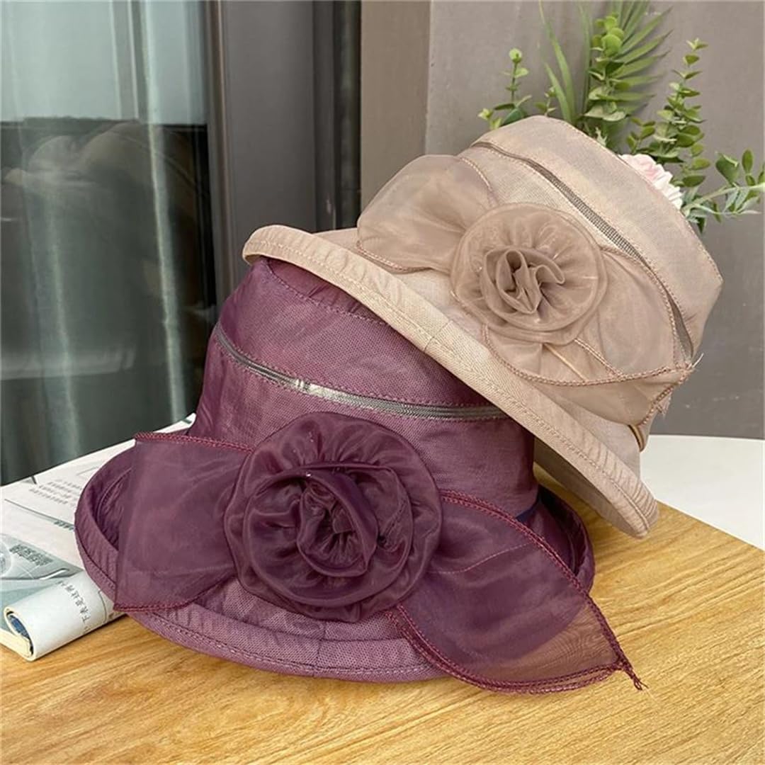 Yeuyyben Cappello da spiaggia da donna, estivo, alla moda, in organza, a tesa larga, cappello da sole, elegante cappello da chiesa per matrimoni, tè e feste