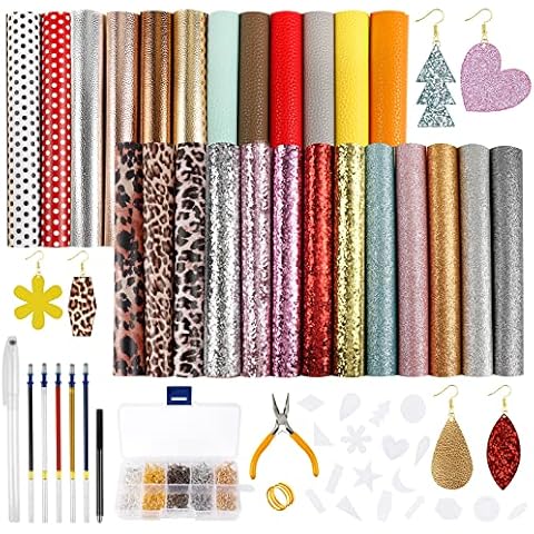 ONESING 25 Pieces Leather Earring Making Kit Include 5 Style Faux Leather Sheets with Earring Hooks Jump Rings Templates and Faux Leather for Earrings Craft Making Tools Cover