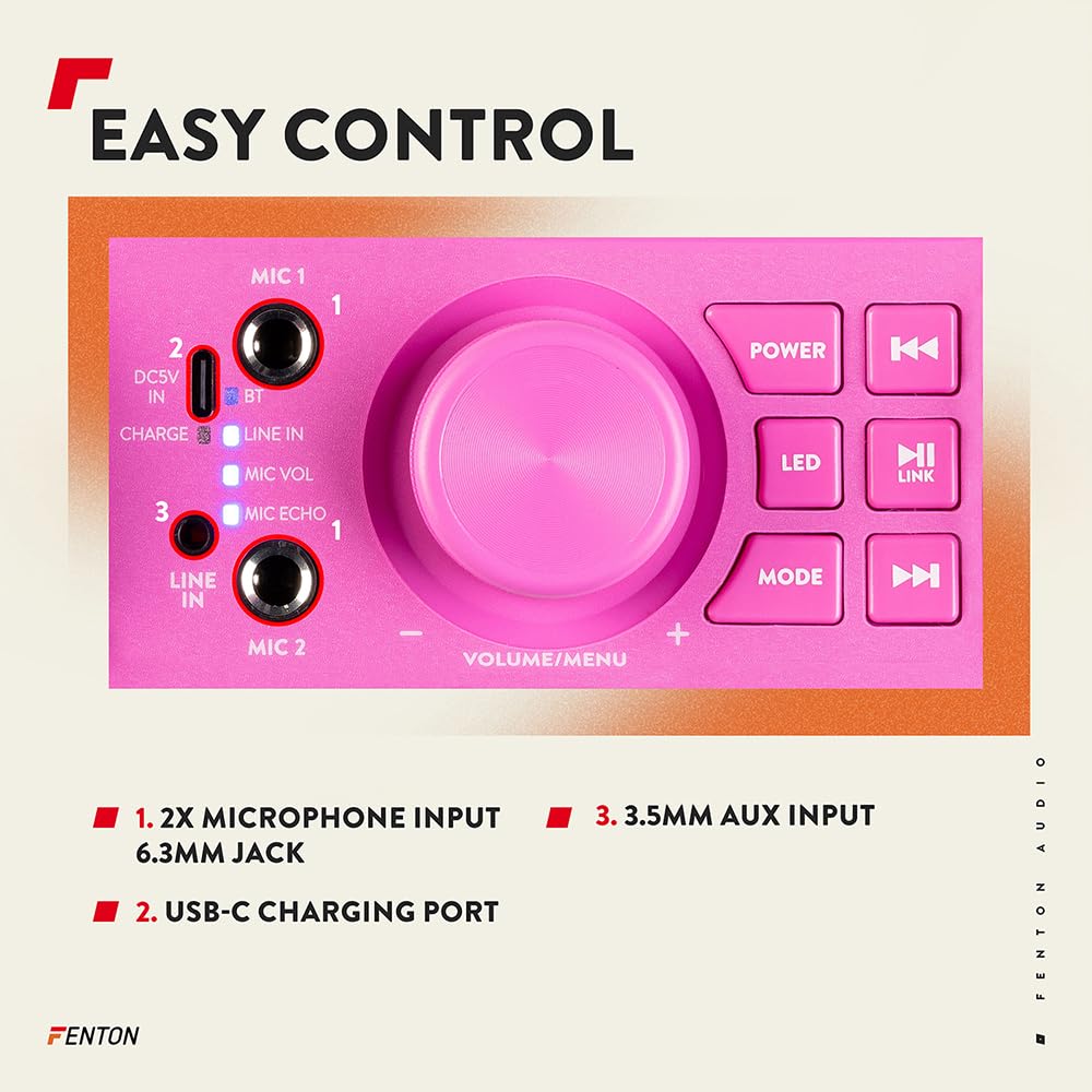 Fenton KAR55P – Musikbox Kinder Karaoke Anlage mit 2 Mikrofonen, Jelly Ball LED-Discolicht, Bluetooth, 10 Std. Akku, 50 Watt Leistung, AUX-Anschluss, Portable Karaoke Maschine Kinder in Pink