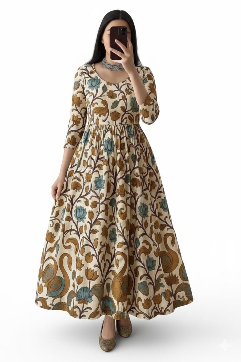 Women's Dhanna Fashion Floral Print Anarkali Maxi Dress, Cream, 3/4 Sleeves, Flared Ethnic Gown-picture-50