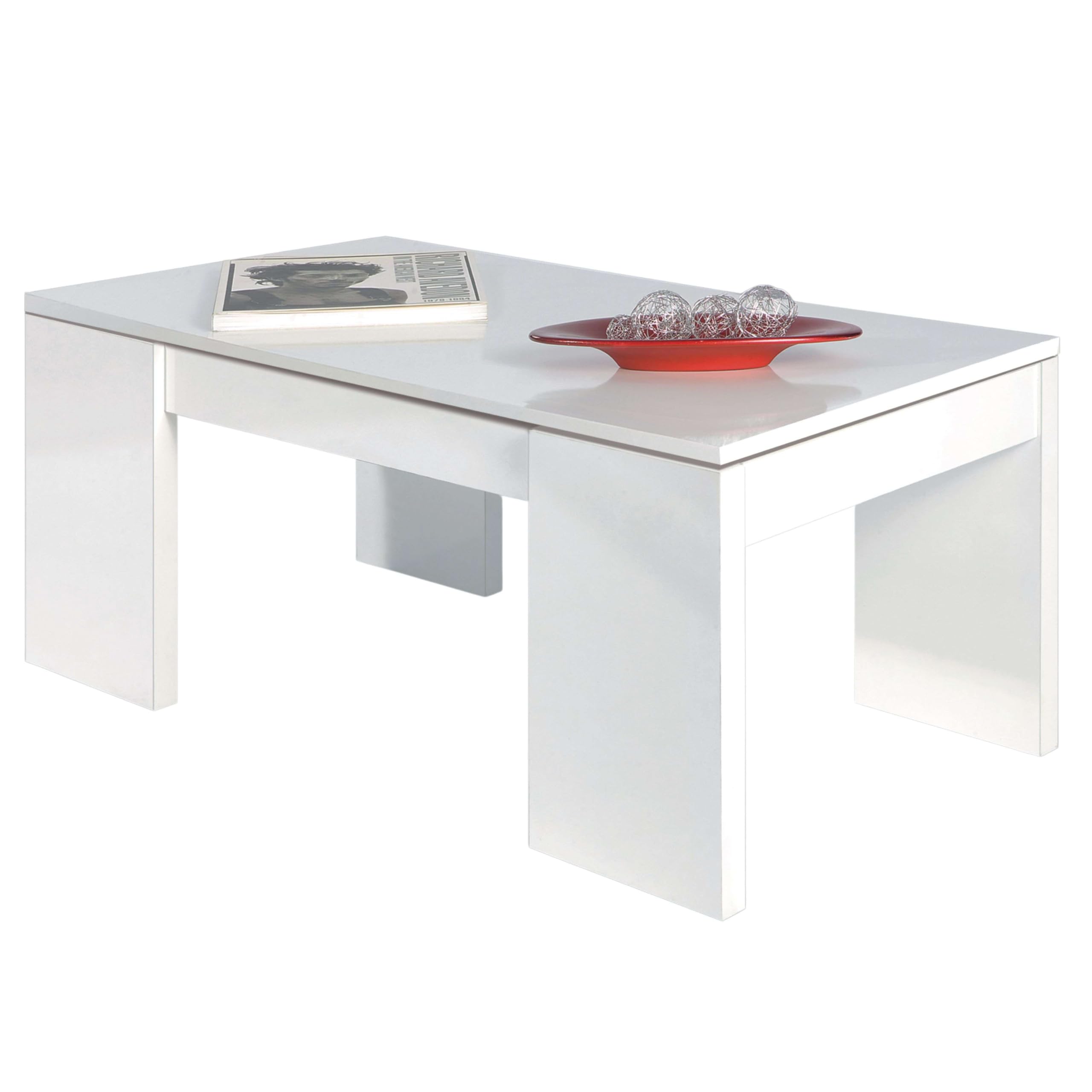 Habitdesign – Mesa de Centro Elevable para Salón Comedor, Mesa de Café con Almacenaje, Color Blanco Brillo, 100x50x43–54 cm - Modelo Kendra