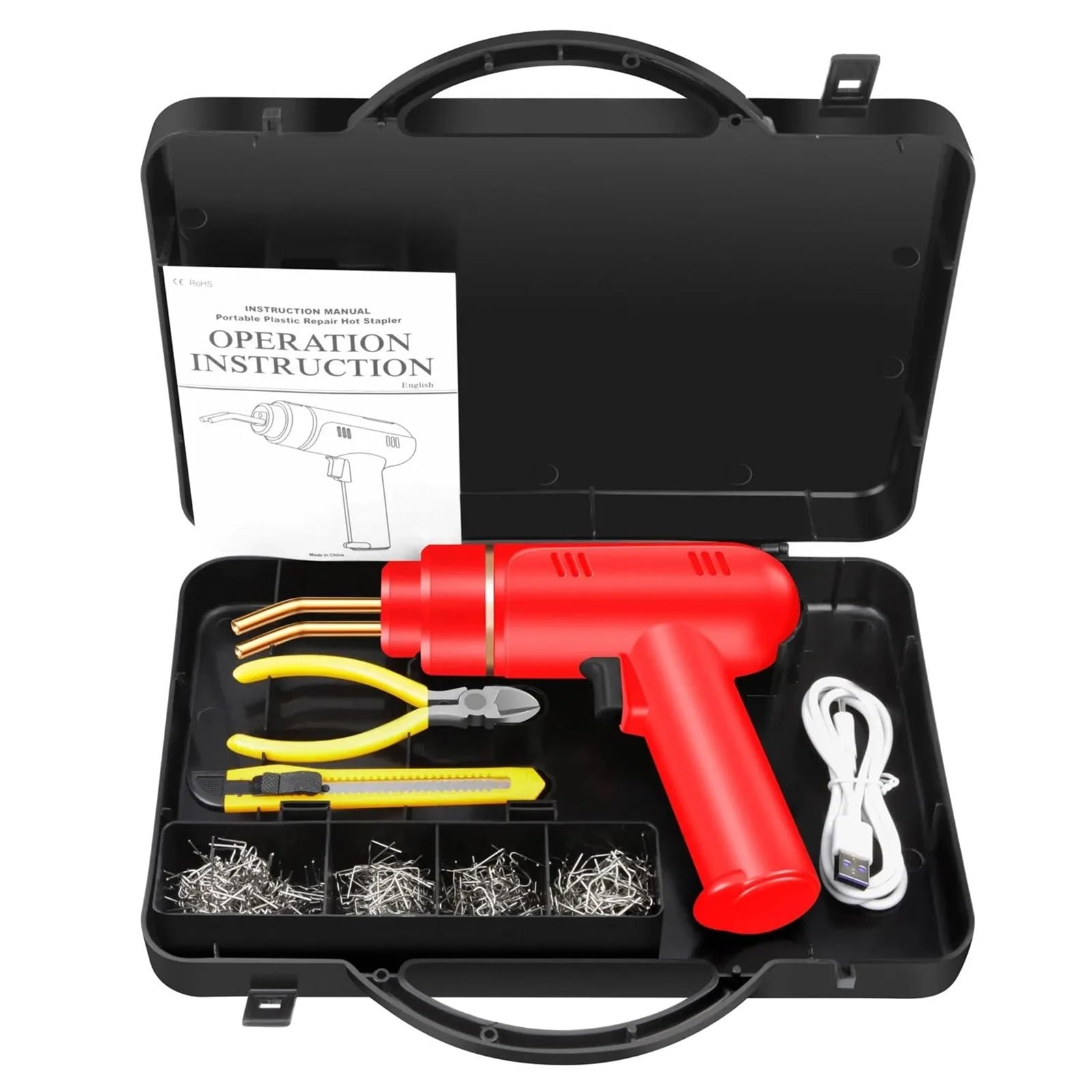 pistola de soldagem de plástico Grapadora caliente de 200 W, máquina de soldadura de plástico recargable, kit de reparación de parachoques, soldador para reparación de plástico(Red)