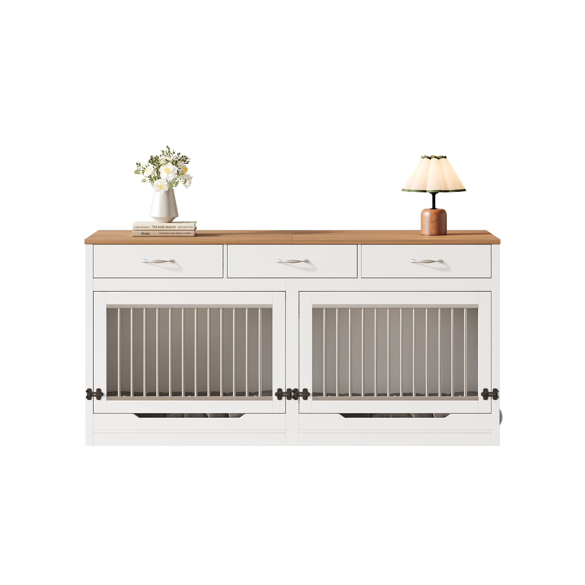 Gabbia per Cani in Legno e Metallo per 2 Cani 164x60x81 cm Cuccia Interna Coperchio Ribaltabile Divisorio Estraibile 3 Cassetti (Bianco + Effetto Legno)