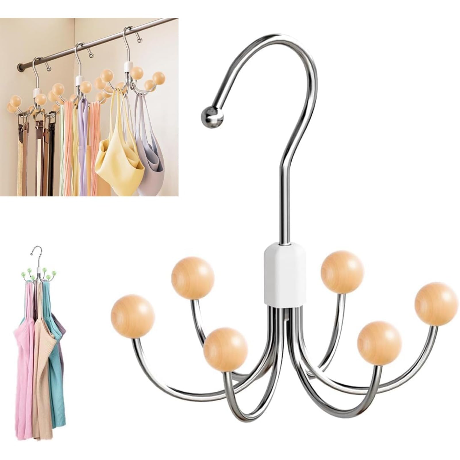 Rotating Wardrobe Hook Hanger 6 Arm Closet Organizer for Scarves Belts Bags Ties Bras Tank Tops Space Saving Rail Hook (Oak Color,14 * 14 * 15cm)