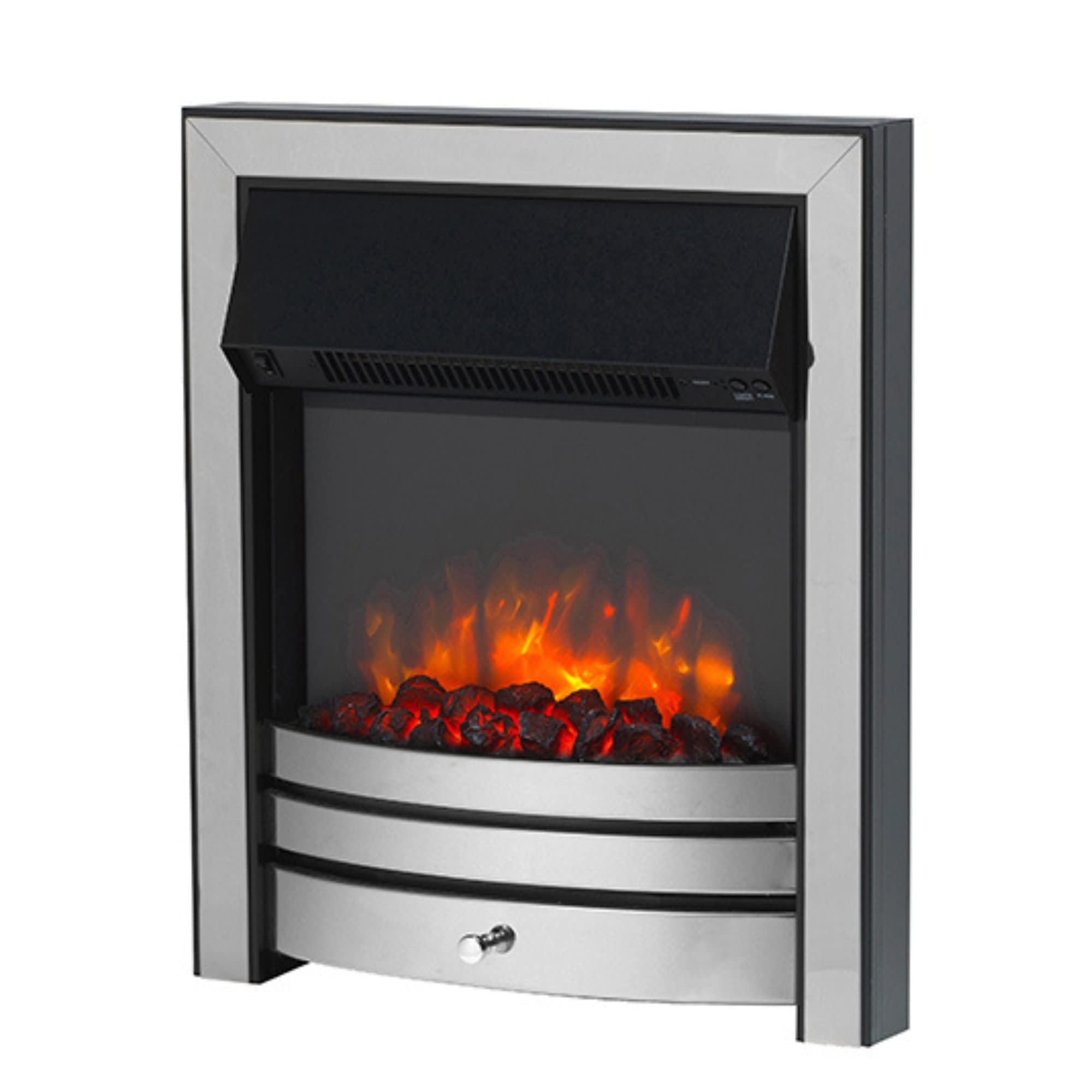 Endeavour Fires And Fireplaces Chrome Endeavour Fires Roxby Inset Electric Fire Trim And Fret, 220/240Vac 1&2Kw, 7 Day Programmable Remote Control Freestanding Electric Fire (With Half Depth Spacer)