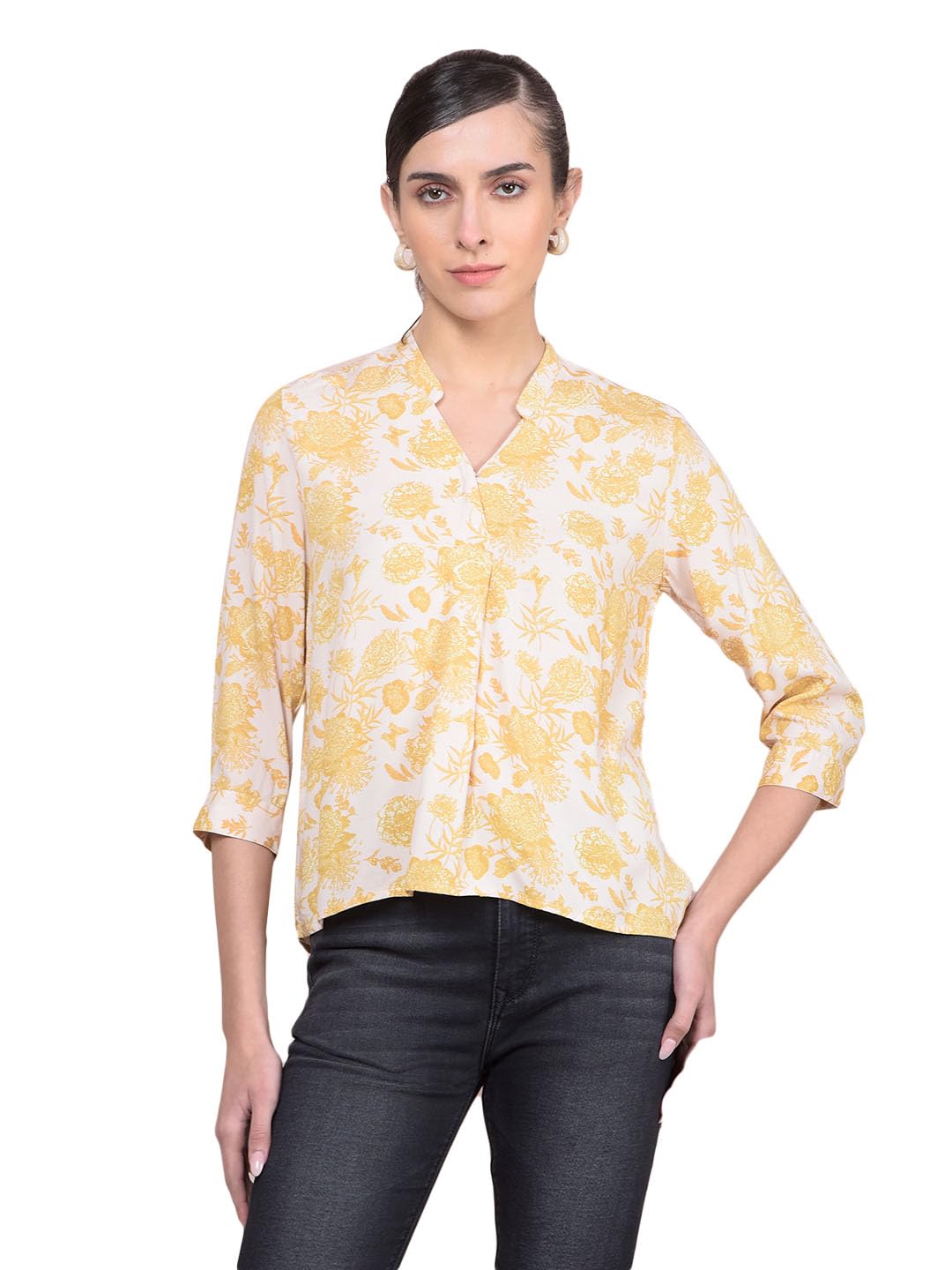 crimsoune club Women's Mustard Floral Print V-Neck Top-picture-37
