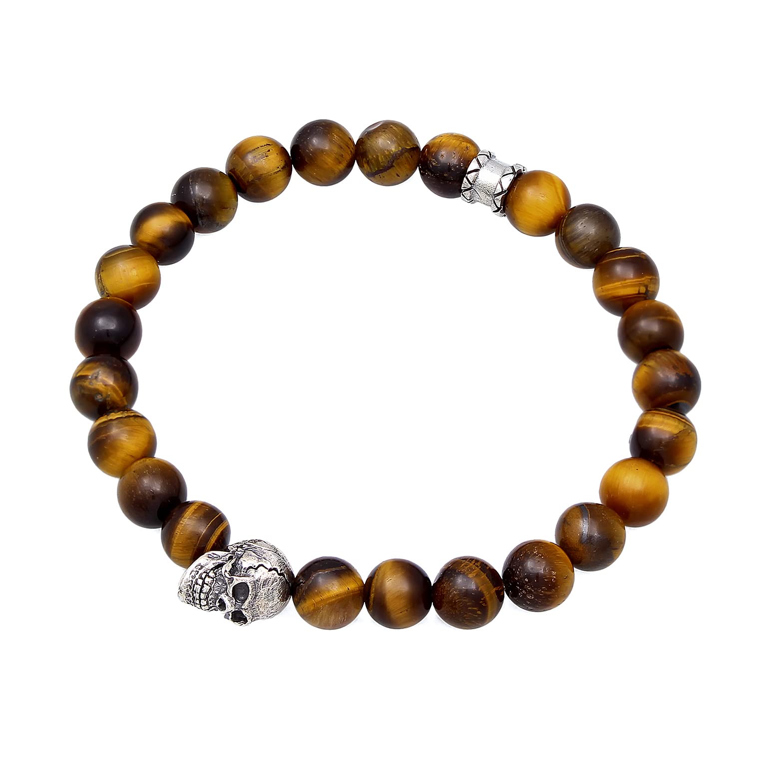 Kuzzoi Buddha 0207311322 - Bracciale da uomo con occhio di tigre, perle con teschio in argento sterling 925, Chakra, braccialetto energetico, lunghezza 19 – 23 cm, elastico, 0207311322