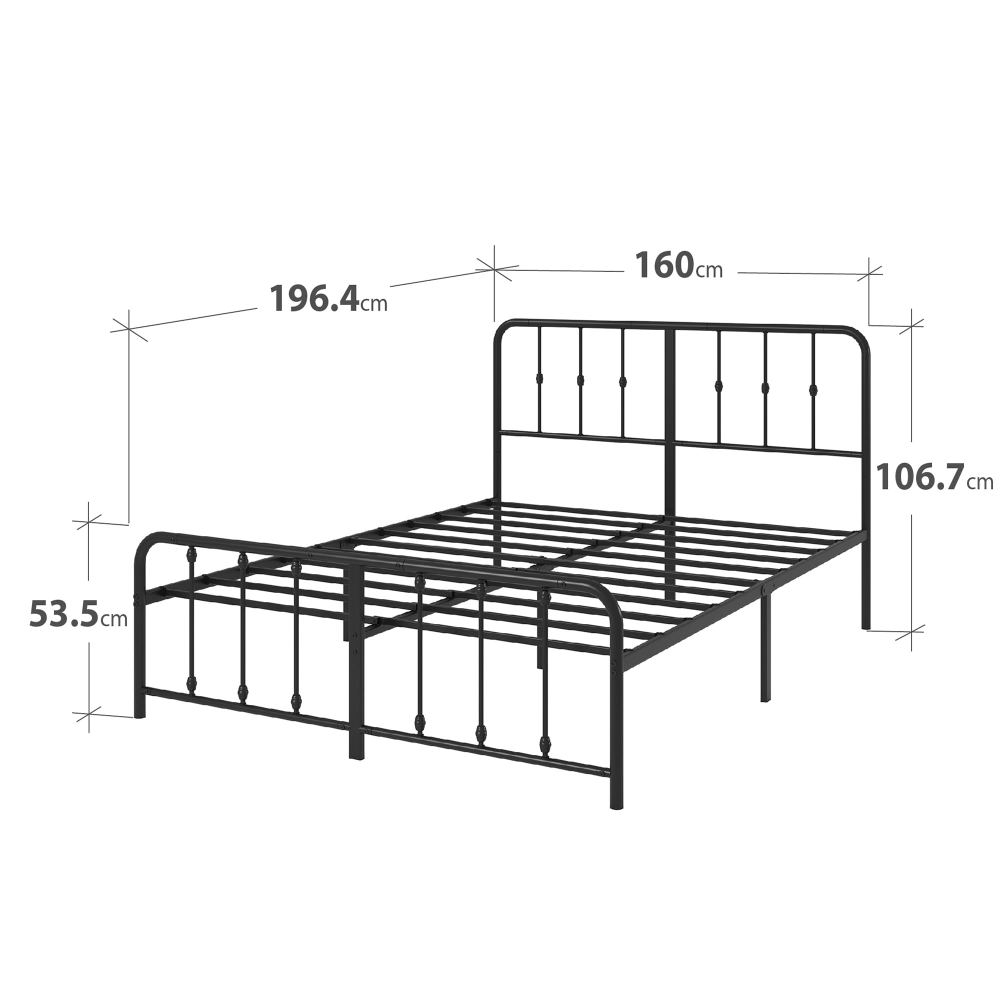 Zinus Florence Rete Matrimoniale 160x190 cm con Testiera in Metallo - Struttura Letto con Doghe Incluse - Altezza 35 cm con Spazio Sottostante - Facile da Montare - Nero