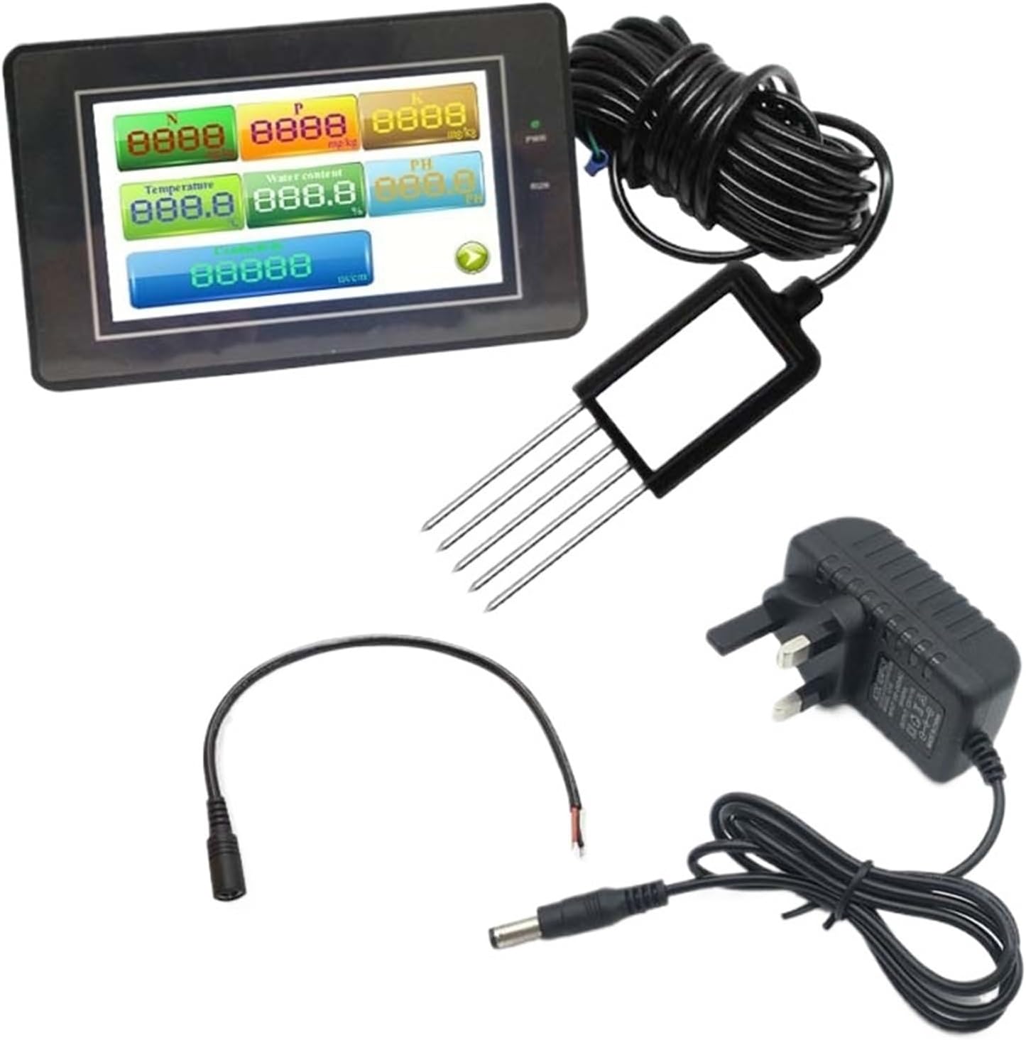 1pcs Garden Soil NPK Tester Earth parameters Detector NPK PH Temperature Water Content Conductivity Display Meter with Sensor(with UK Adapter)