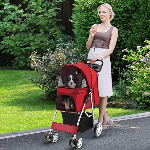 COSTWAY Hundewagen Haustiere Buggy, bis 15 kg, Hundebuggy mit Netzfenstern & Getränkehalter & Korb & Sonnenschutz, Faltbarer Katzenwagen, Katzenbuggy für kleine Hunde Katzen (Rot)