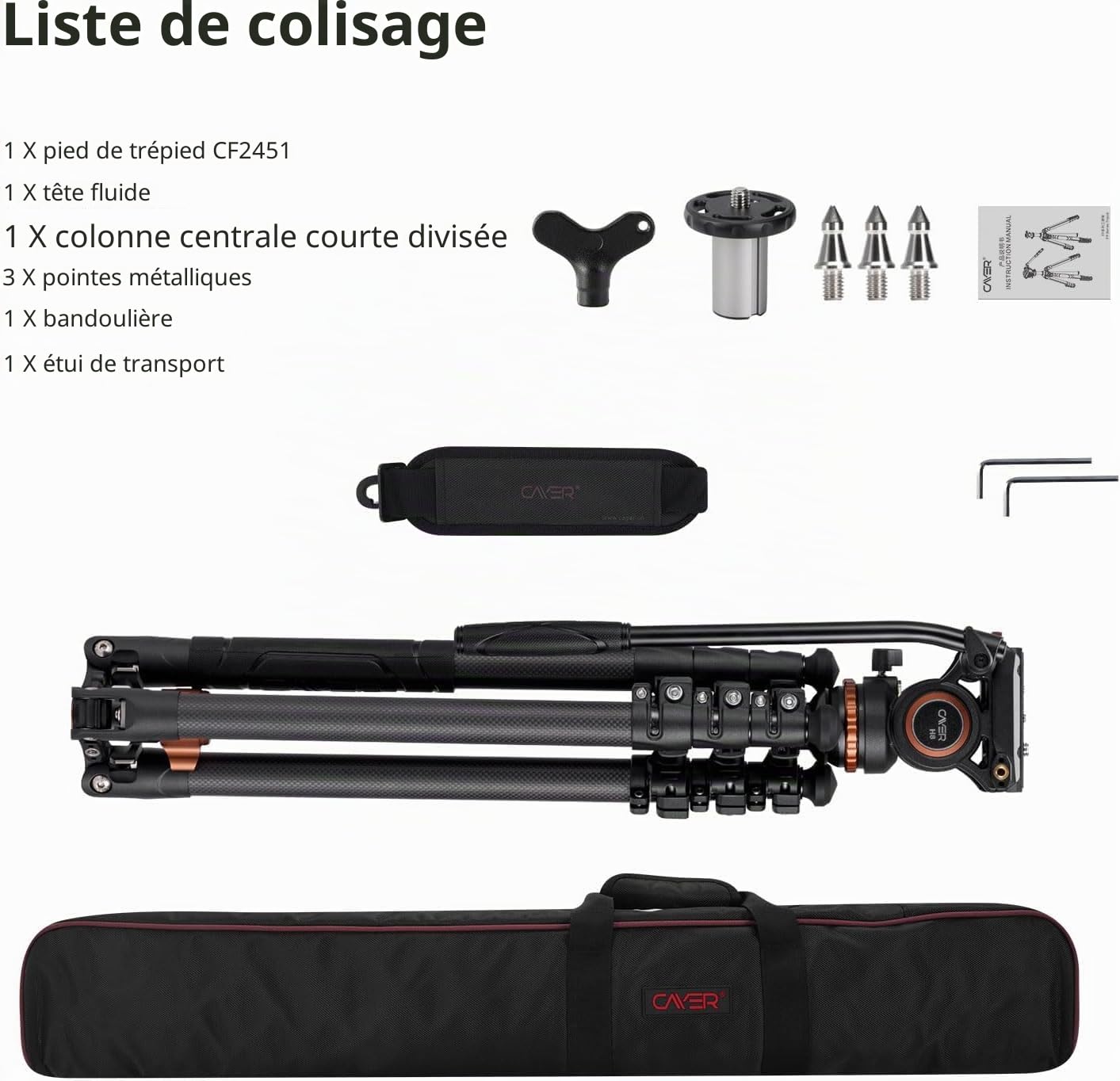 Cayer CF2451 Trépied vidéo 67 Pouces en Fibre de Carbone avec tête de traînée Fluide, trépied DSLR Compact à 4 Sections Convertible en Monopode, pour Appareil Photo Reflex numérique Canon Nikon Sony