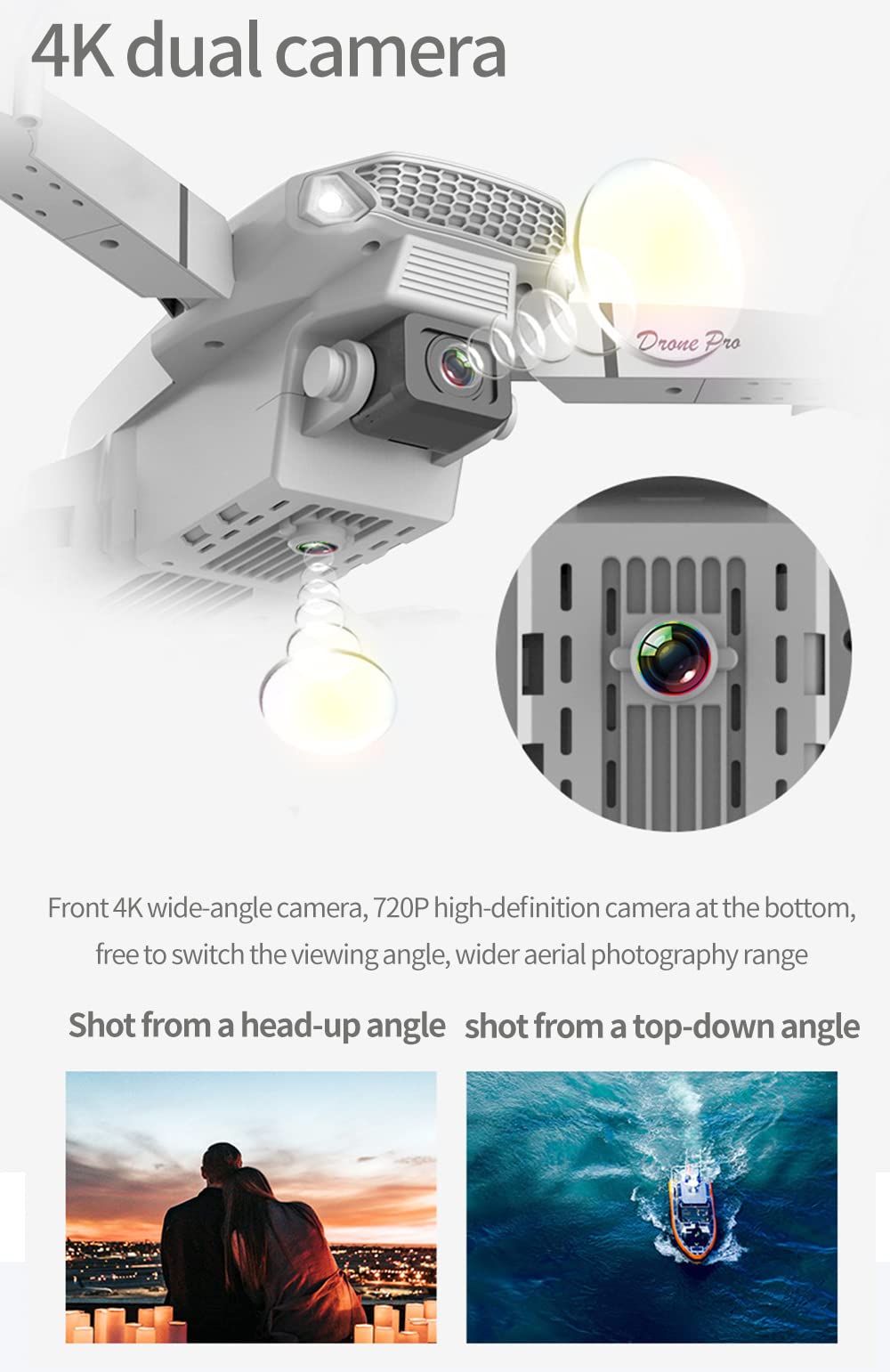 Drone con cámara 4K, Drone infantil con dos cámaras, drones controlados por radio FPV, control con un solo clic, modo sin cabeza,mantenimiento en altura,batería*2,regalo para niños y adultos
