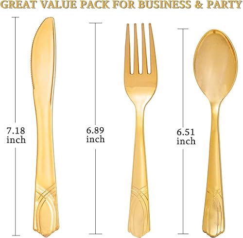 Miniatura 9 de DaYammi Juego de 150 cubiertos de plástico desechables dorados, 50 tenedores, 50 cuchillos, 50 cucharas, juego de utensilios desechables dorados de