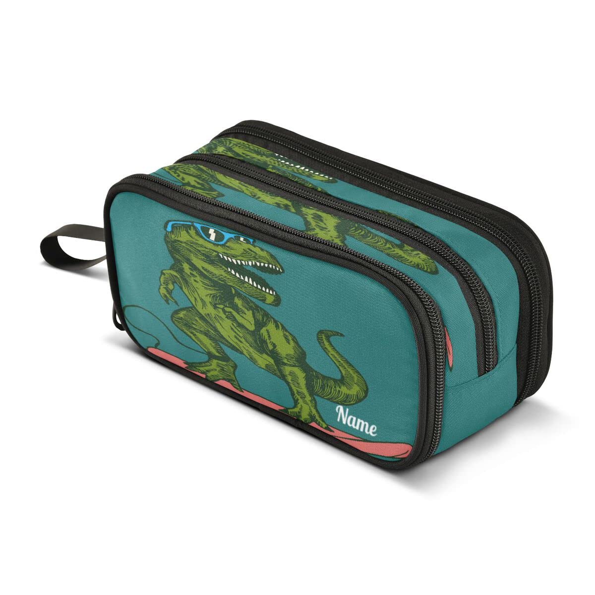 Custom Pencil Case Dinosaur Surfer Wearing Sunglasses 3 Compartment Kids Name Pen Bag Pouch Holder Box School Portable Stationery Storage Bag for Girls Boys