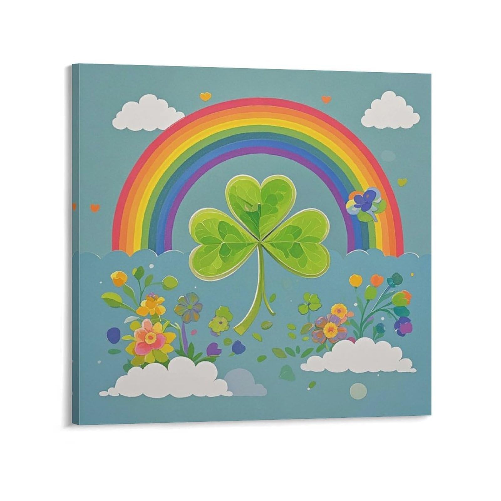 KLOPH Rainbow Circle Shamrock Canvas Wall Art for Living Room 10x10inch Modern Artwork Painting for Bathroom Hanging Canvas Prints Aesthetic Wallart for Bedroom Kitchen Office Wall Decor