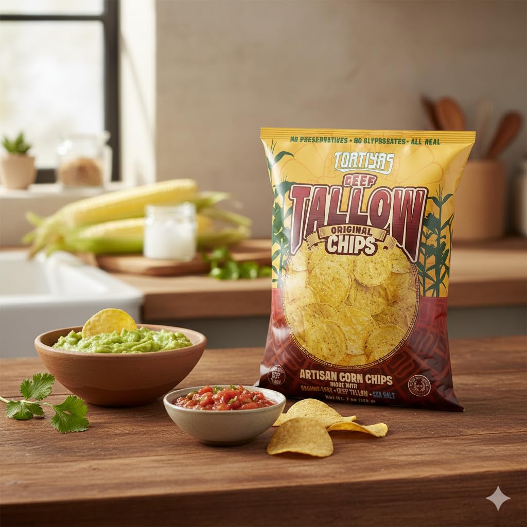 Tortiyas Beef Tallow Chips Original, Organic Non-GMO Corn, Grass-Fed Beef Tallow Cooked – 4 Pack of 7oz Bags