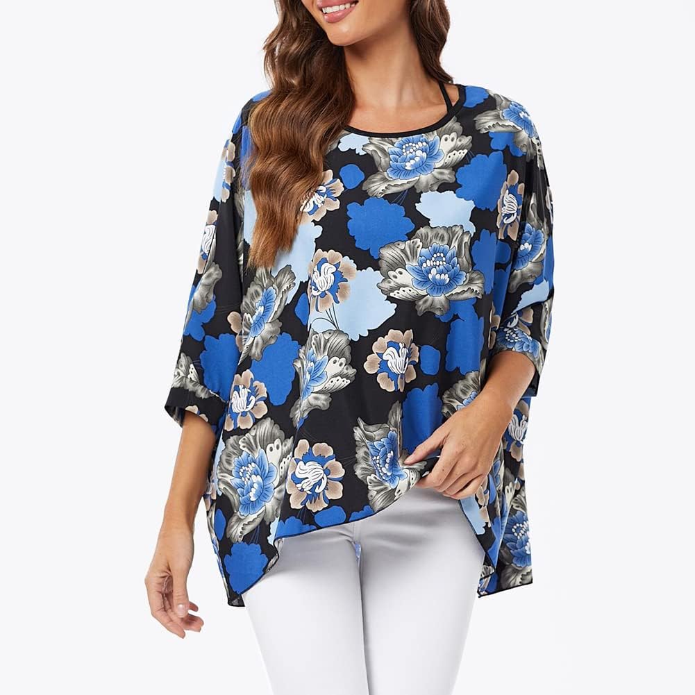 Ckikiou Womens Batwing Loose Chiffon Summer Blouse Tunic Floral Printed Boho Beach Cover ups - Image 2