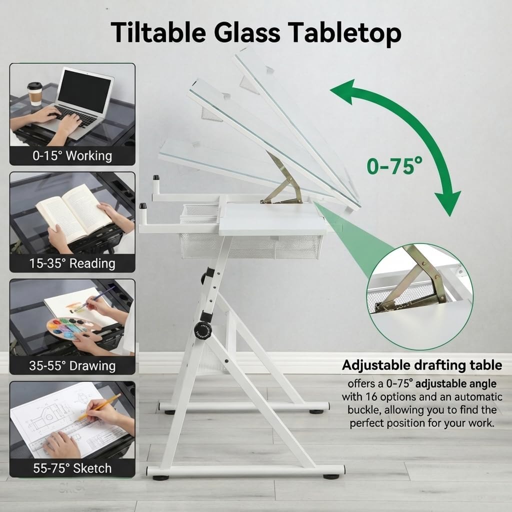 Art Table Art Desk Drafting Table - Height Adjustable Glass Drawing Table with Metal Drawers & Stool, Professional Artist Workstation for Painting, Sketching & Office Home Studio(White)