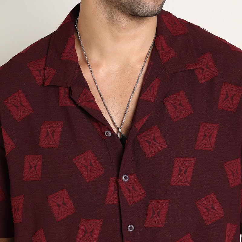 Image of CAHOOT Men's Oversized Shirt for Casual Wear | Cuban Collar | Short Regular Sleeves | Button Closure | Oversized Shirt Crafted with Comfort Fit for Everyday Wear