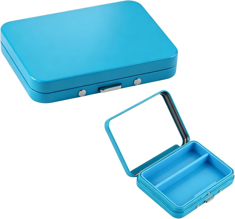 Kexinglu Porta-Hastes de Algodão e Estojo para Fio Dental com Espelho, 2 Compartimentos, Azul, Pacote com 2