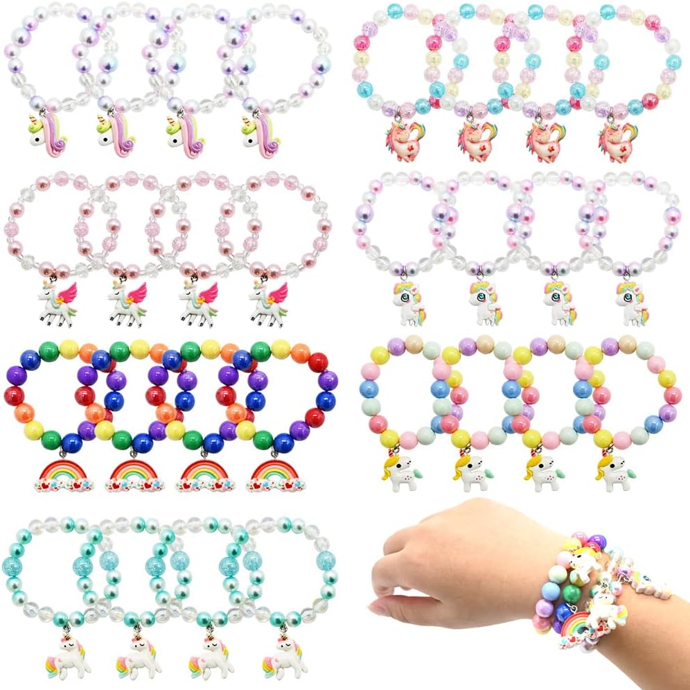 UMEELR 28 Packs Unicorn Rainbow Bracelets for Easter Basket Stuffers Hunt, Easter Eggs Filler Unicorn Bead Bracelets Toys Exchange Gift