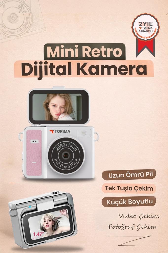 Mini Dijital Kamera 2K Flip Ekranlı Selfie Video Vlog Kamerası CMR46 Pembe