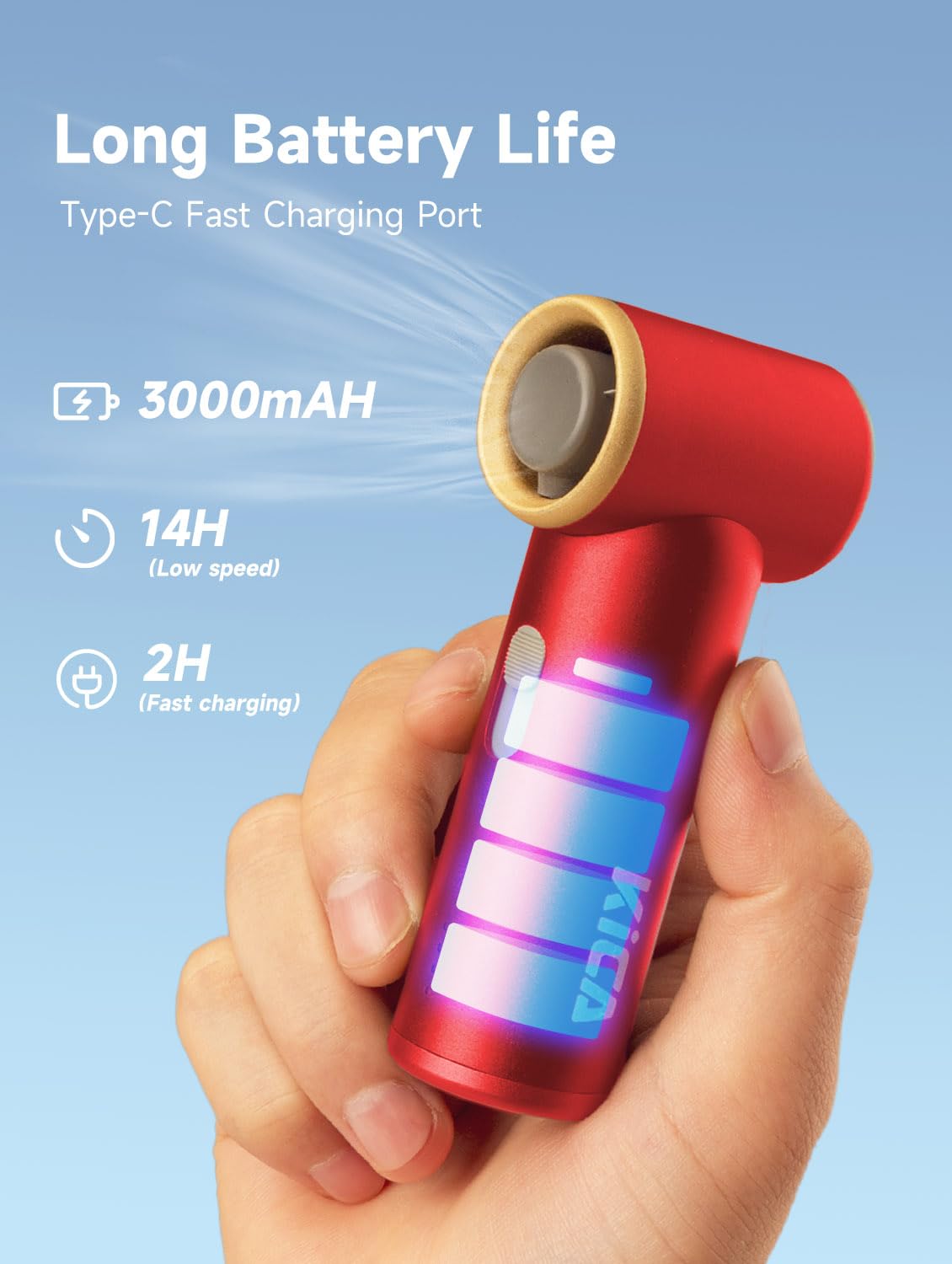 Kica Jetfan Mini Ventilatore Portatile,Ventilatore da Tavolo Silenzioso Ricaricabile Tramite USB,Ventilatore 3000mAh batteria[14ore di lavoro],Velocità regolabile liberamente,Scocca in metallo,Rosso