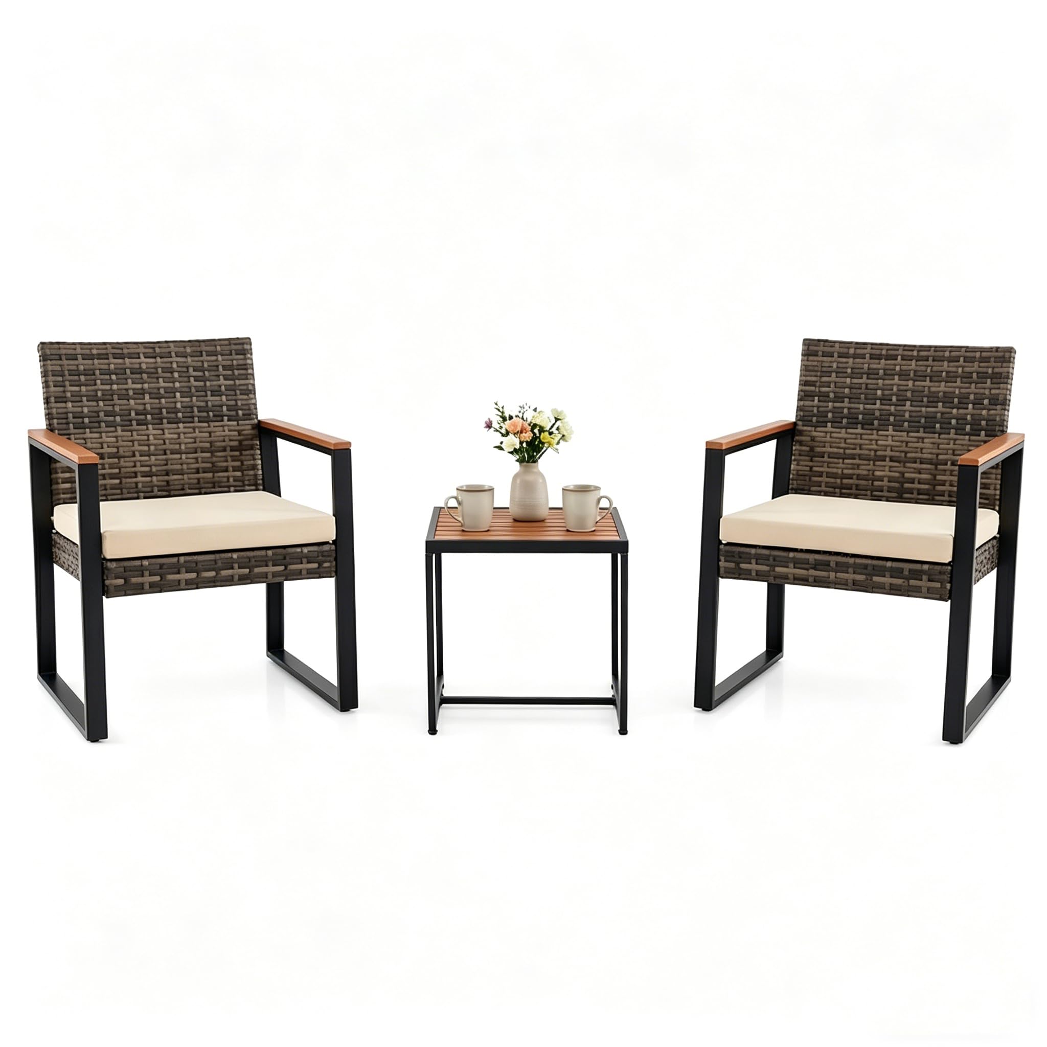LIFEZEAL Set Tavolo e Sedie da Giardino 3 Pezzi, in Rattan PE e Metallo, Salotto da Giardino 2 Persone con 1 Tavolino da Caffè, 2 Divanetti e Cuscini, Set da Bistrò per Balcone, Terrazzo (Bianco)