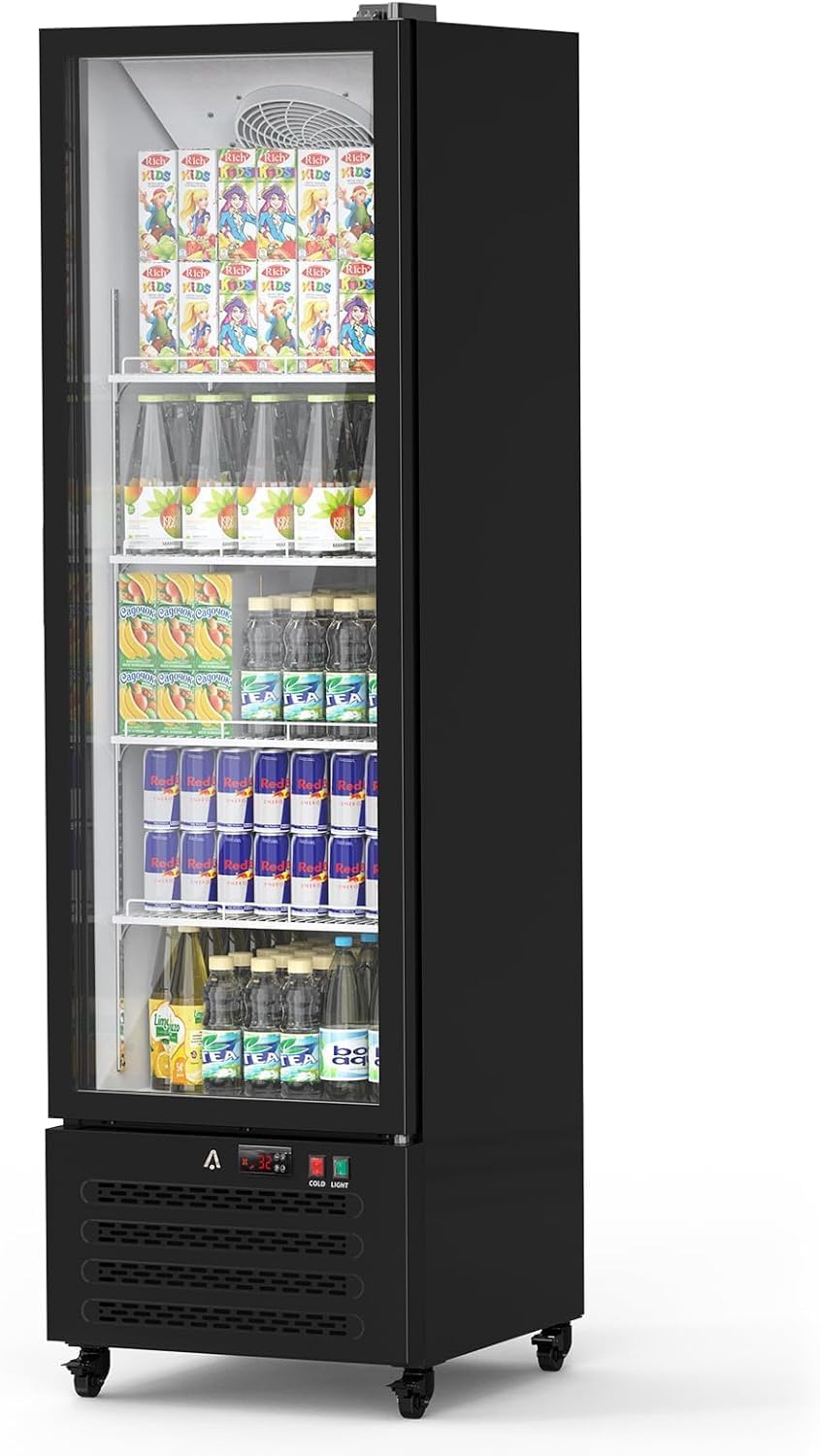 Commercial Beverage Refrigerator 12.2 Cu ft Display Fridge, LED Light Drink Cooler, Upright Merchandiser with Adjustable Shelves for Restaurant, Bar, Grocery Store, Mini Fridge for Home, Black