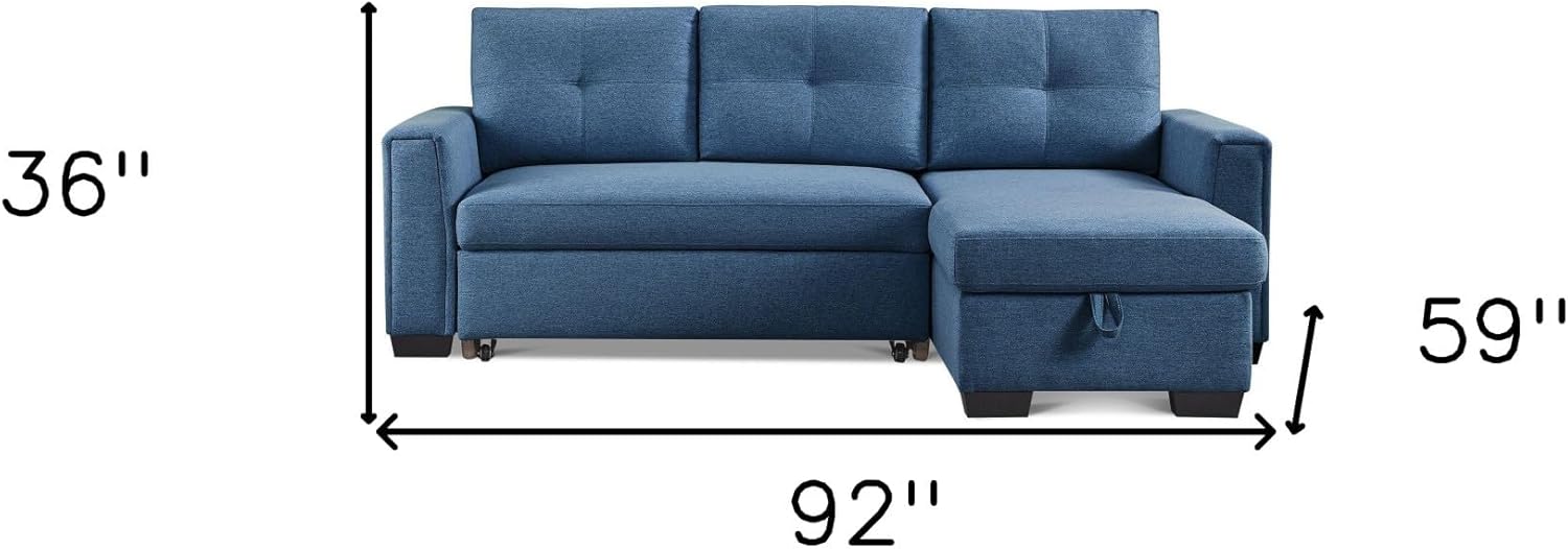 HomeRoots 92" Blue Polyester Blend Convertible Futon Sleeper Sofa with Black Legs
