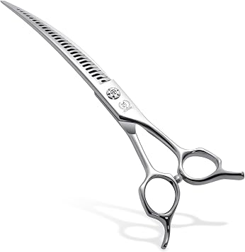 Professional Dog Grooming Scissors Mark-Free - 7 Inch Curved Chunker Shears with 85% Thinning, JP440C Alloy & 20Blade Dog Trimming Scissors for Grooming Eyes, Face and Paws
