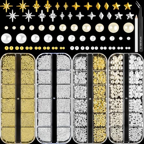 NEBURORA Gold and Silver Caviar Nail Art Beads Flat-Back Pearls (White + Beige) Multi-Shape Metal Nail Art Gemstone Set with Tweezers and Pickup Pen Mixed Sizes 0.6-2mm