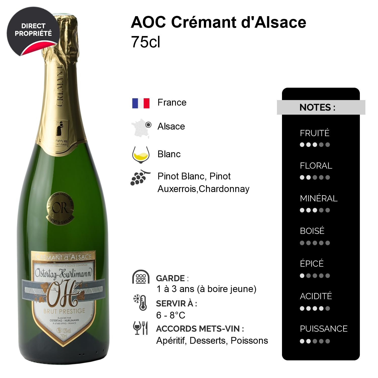 Crémant d'Alsace Prestige Brut - Blanc - Domaine OSTERTAG-HURLIMANN - Vin Blanc d' Alsace (3x75cl) HVEEffervescent