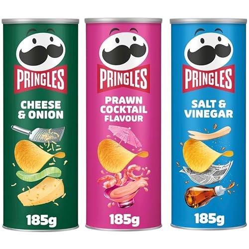 Crisps & Snacks Bundle Mix Pack with Pringles Cheese & Onion Flavour Crisps 185g - 1 Pack | Prawn Cocktail Flavour Crisps 185g - 1 Pack | Salt & Vinegar Flavour Crisps 185g - 1 Pack | Total 3 Pack.
