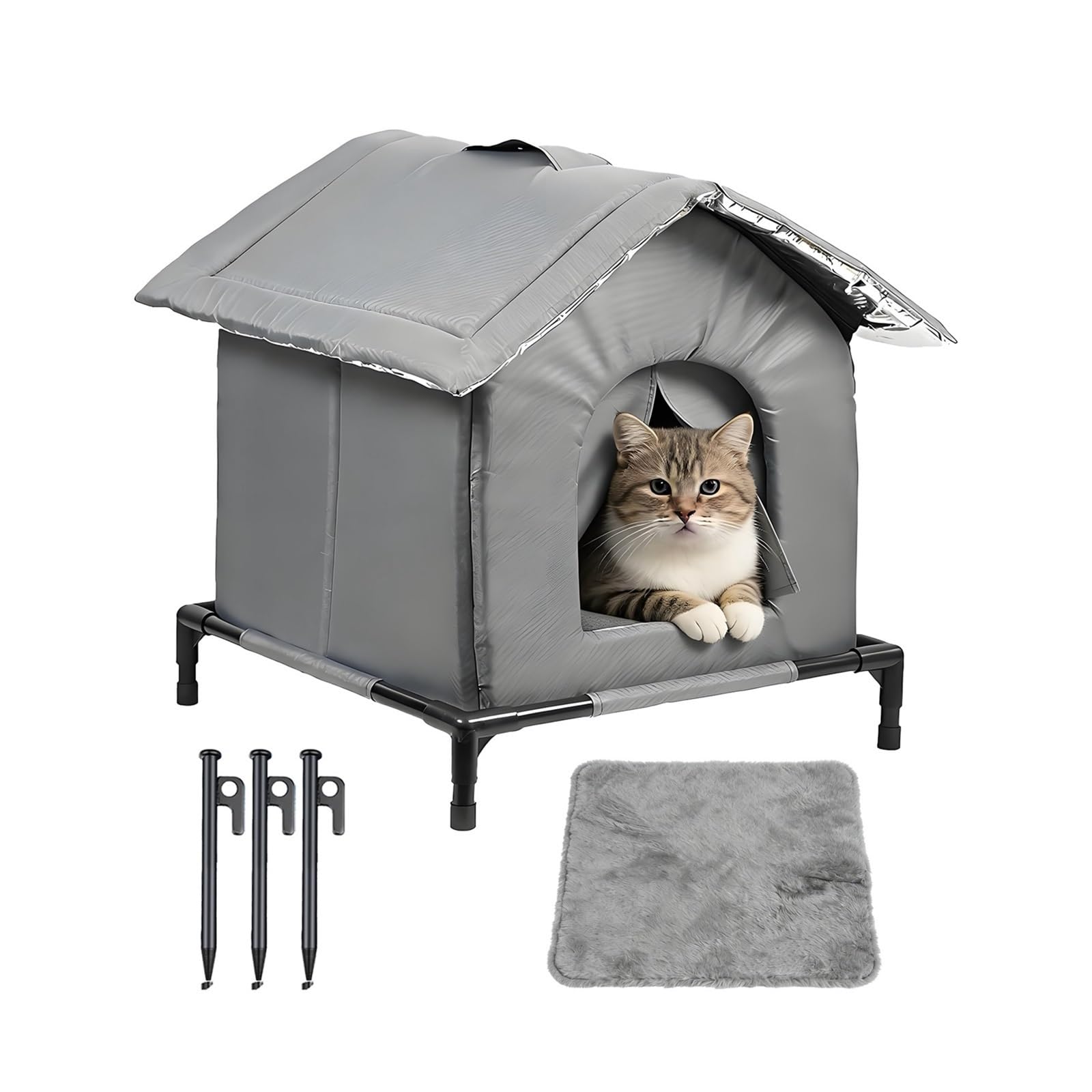 Niche pour Chat Exterieur Tissu Oxford Imperméable, Cabane Chat Exterieur Hiver et Pluie avec Base Surélevée et Coussin, pour Animaux Domestiques Errantsgrange(M)