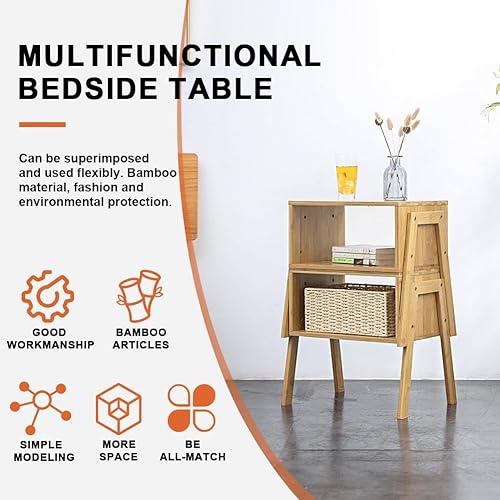 Miniatura 6 de KKTONER Mesitas de noche modernas de bambú, mesas auxiliares para dormitorio con almacenamiento, mesita de noche pequeña para sala de estar y